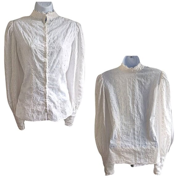 Handmade Vtg 70s Cottage Victorian Eyelet Broderie Anglaise Zip Blouse Size S/M - Picture 1 of 10